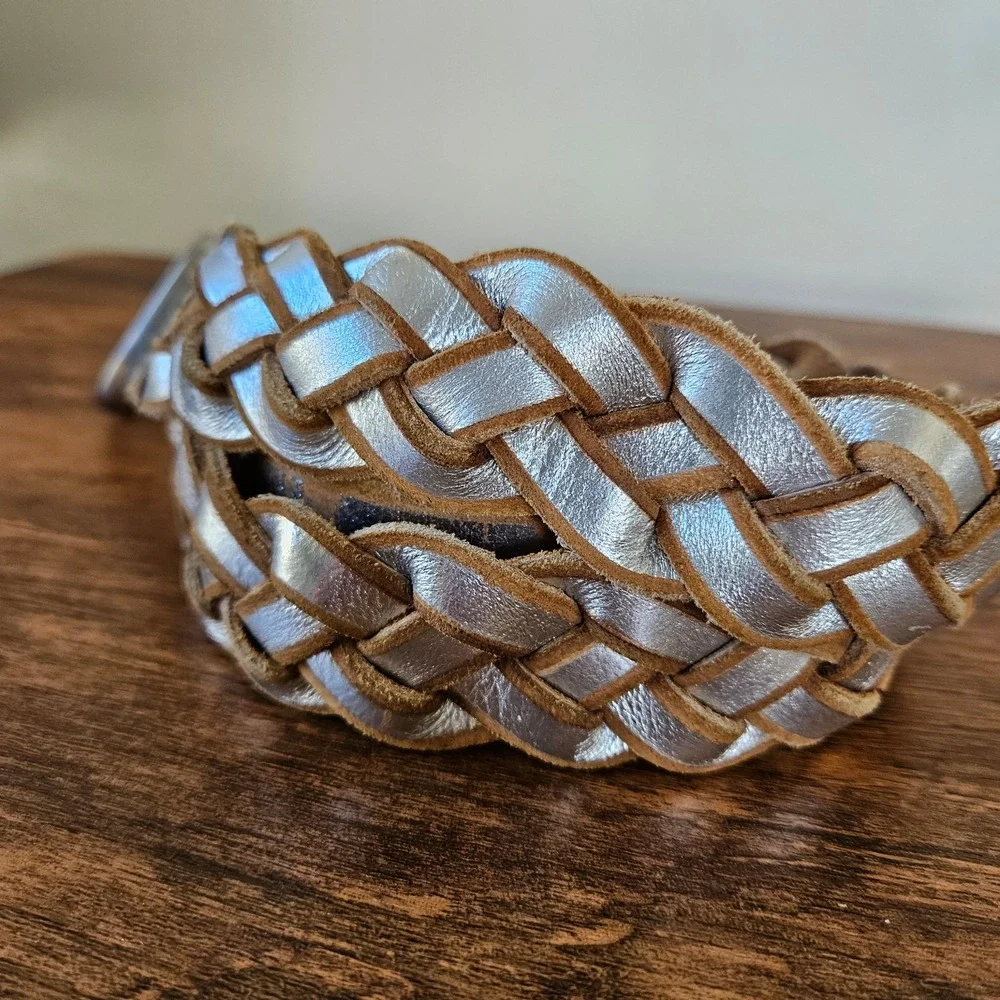 J.Jill Vintage Aged Silver Brown Painted Leather Braided Belt Wide Statement L